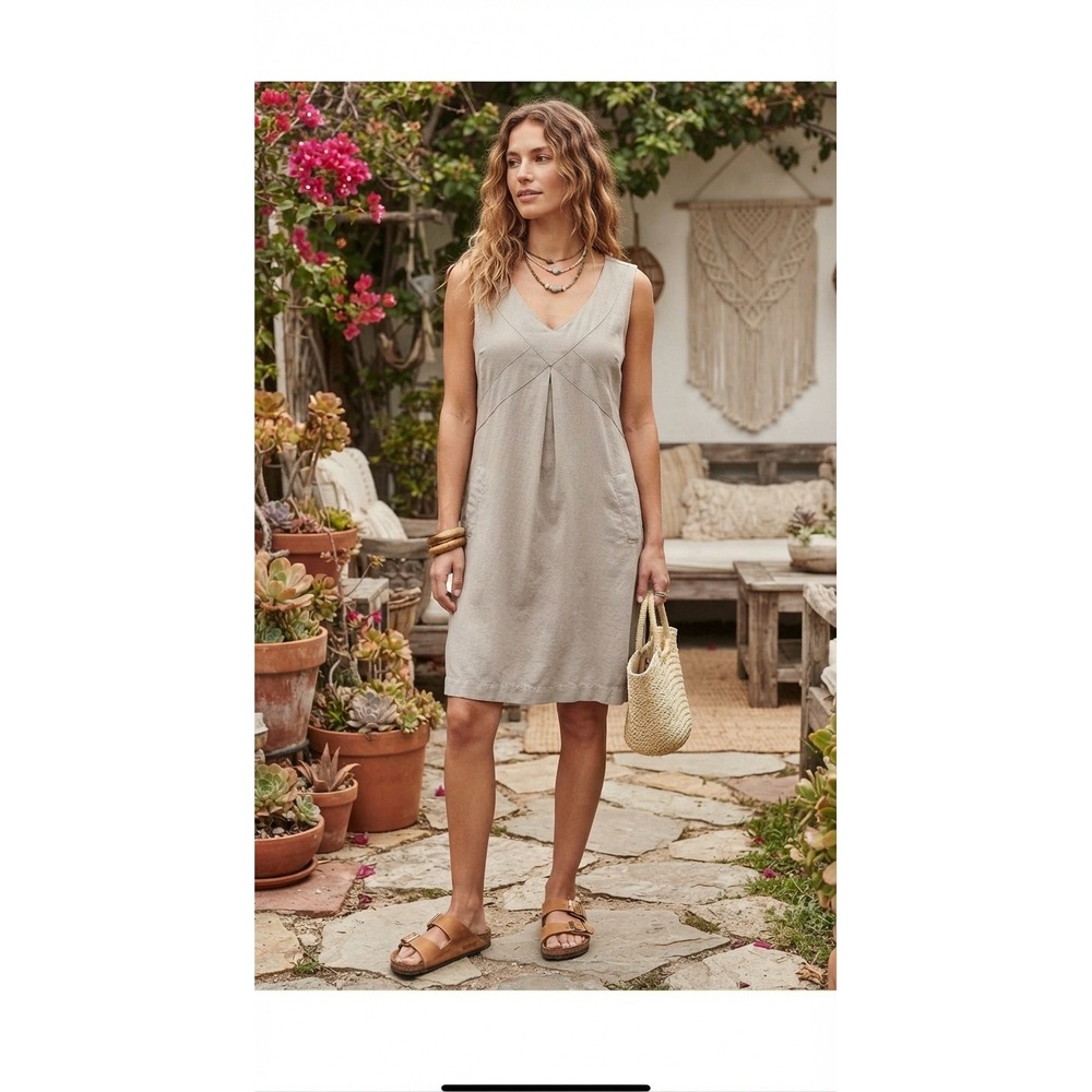Beige 100% Linen Sleeveless V-Neck Sheath Dress Size 14 Resort Lagenlook Boho
